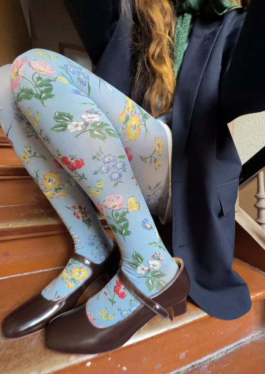 White Multicolor Floral Print Tights Hosiery Pantyhose