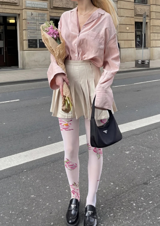 White Pink Rose Floral Print Tights Hosiery Pantyhose