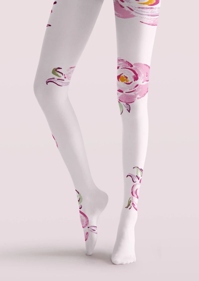 White Pink Rose Floral Print Tights Hosiery Pantyhose
