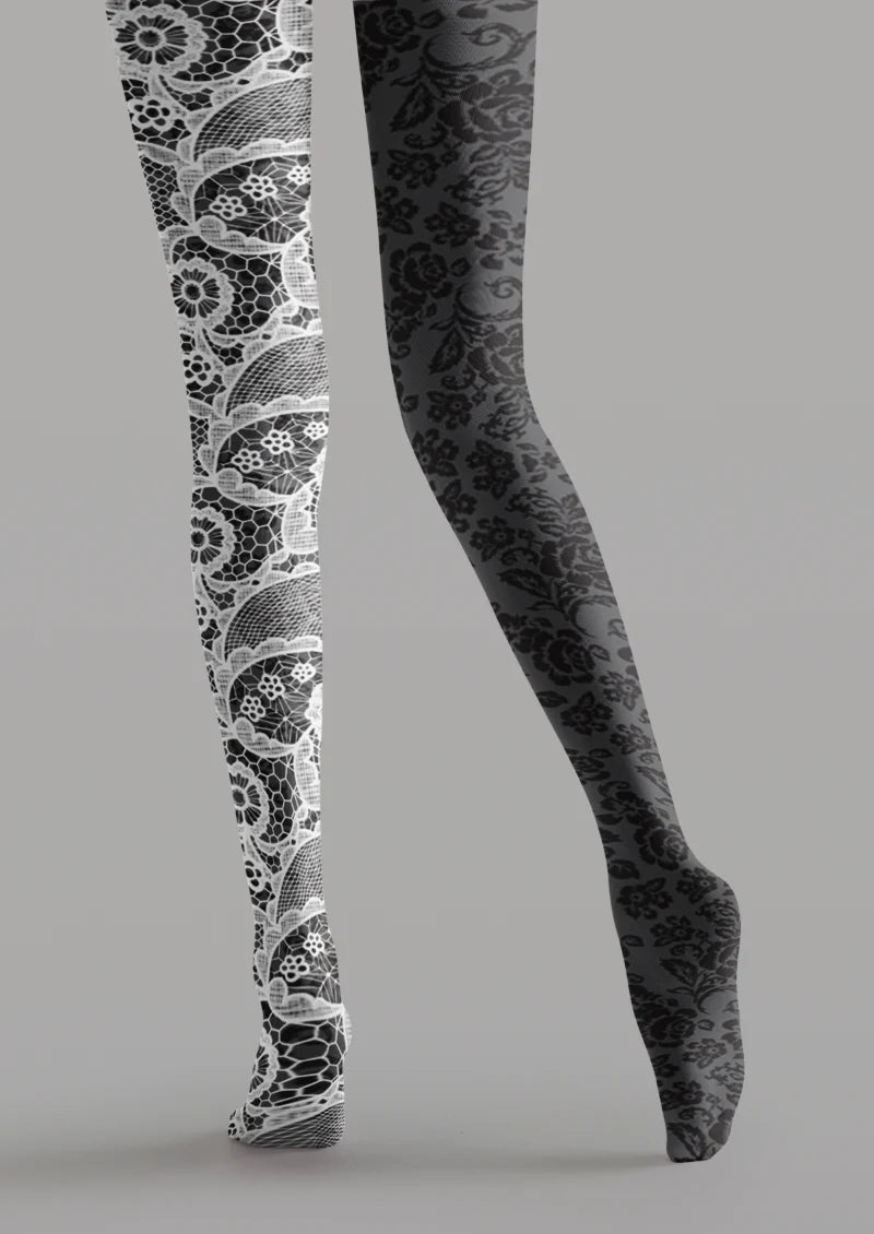 Black White Mismatched Floral Tights