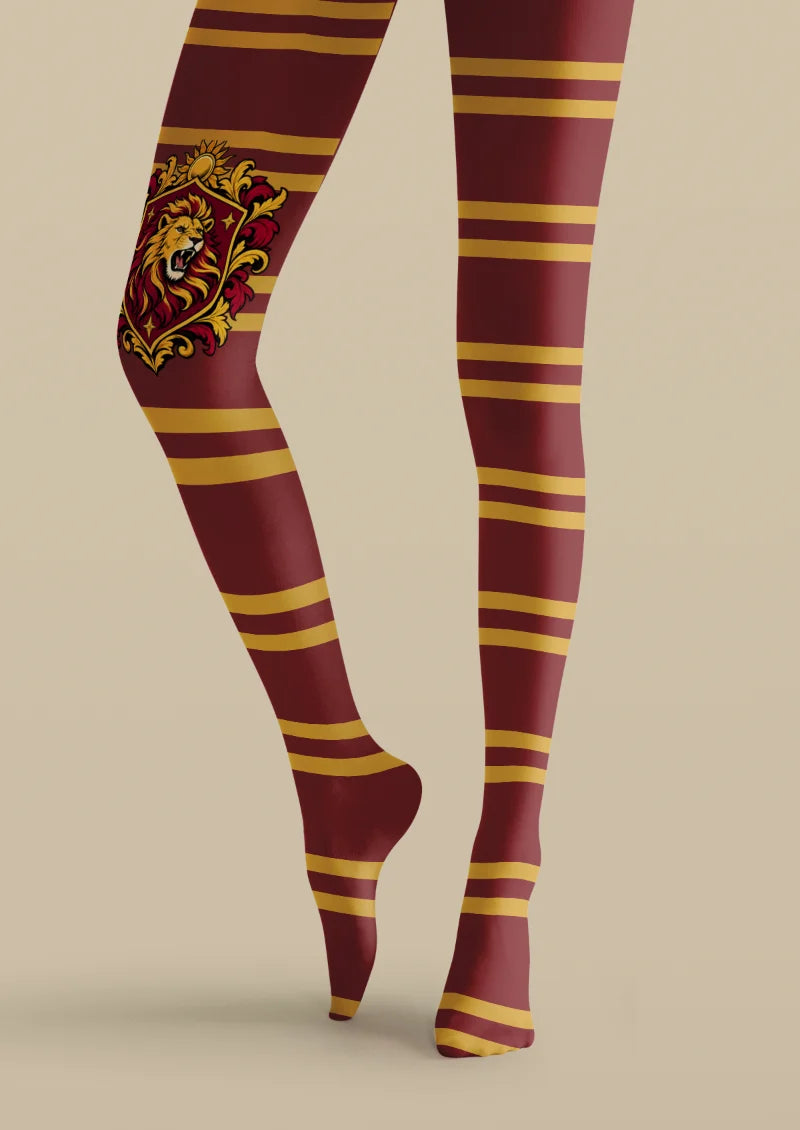 Burgundy Lion Crest Stripe Tights
