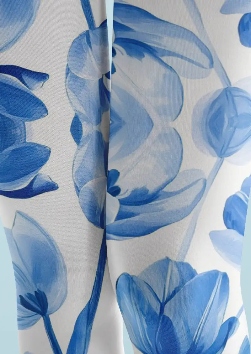 Blue Floral Print Tights Hosiery Pantyhose