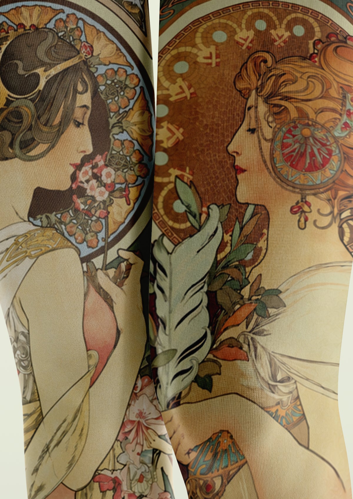Beige Mucha-Inspired Art Nouveau Portrait Tights