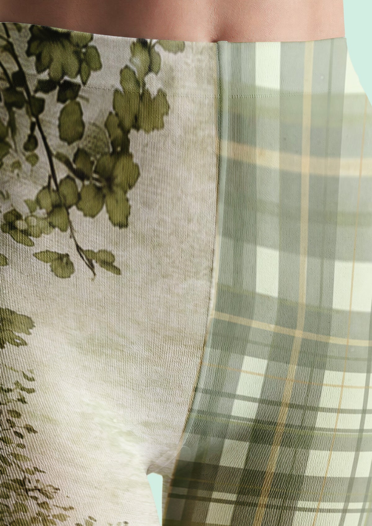 Green Botanical Floral Plaid Tights