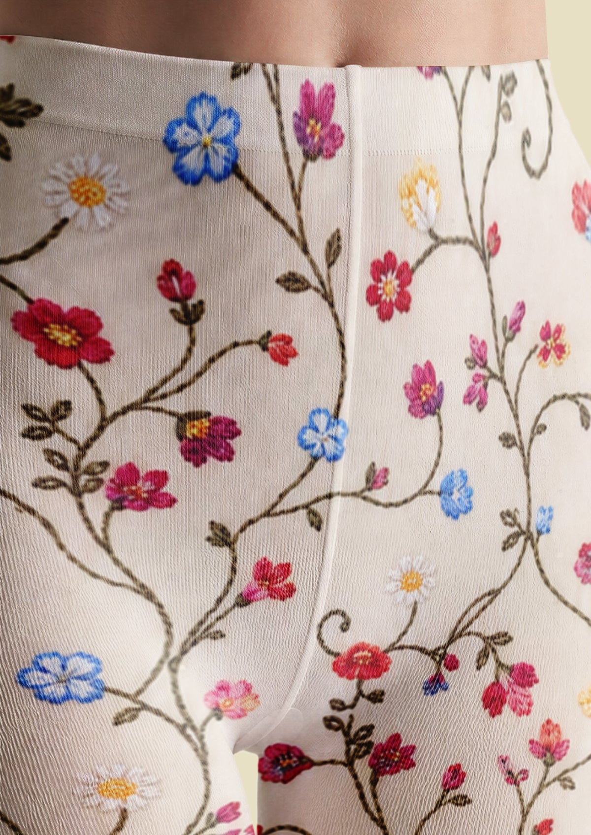 Ivory Multicolor Embroidered Look Floral Tights