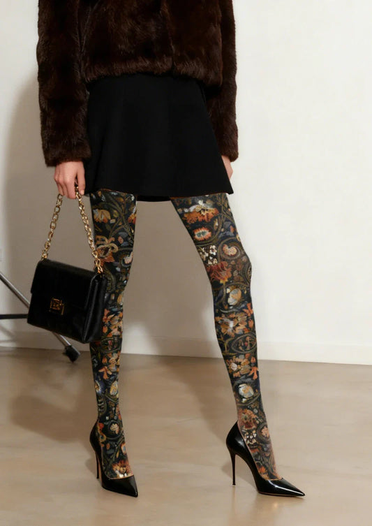 Boho Ethnic Floral Blue Tights Hosiery Pantyhose