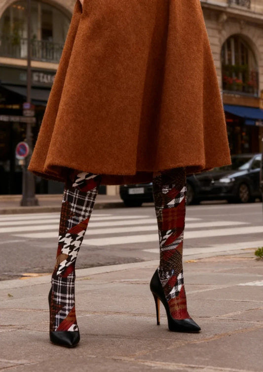 Brown Houndstooth Plaid Mix Tights Hosiery Pantyhose