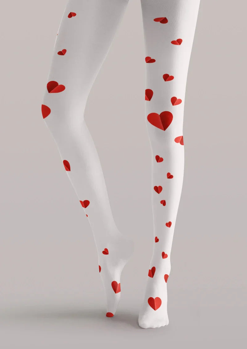 Valentine's Day White Red Heart Graphic Tights Hosiery Pantyhose