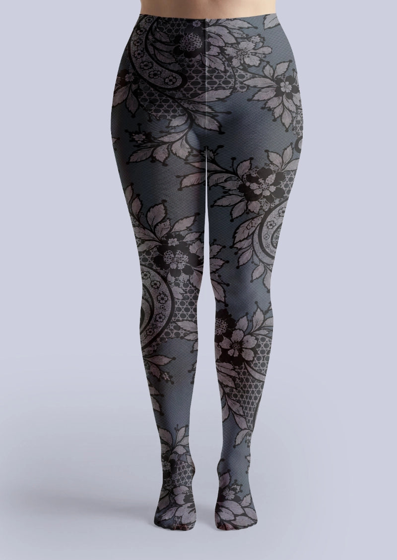 Gray Floral Scroll Tights