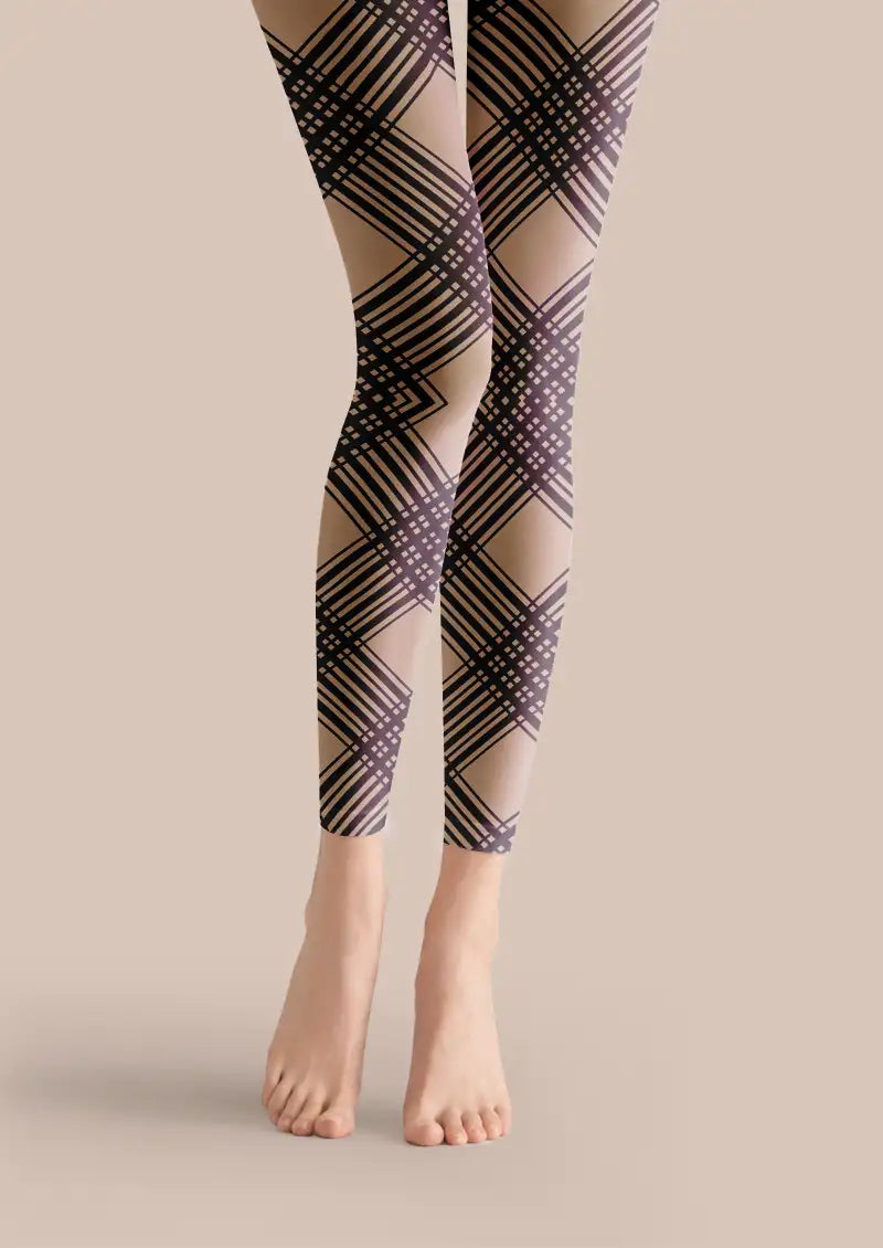 Black Plaid Line Footless Tights Hosiery Leggings