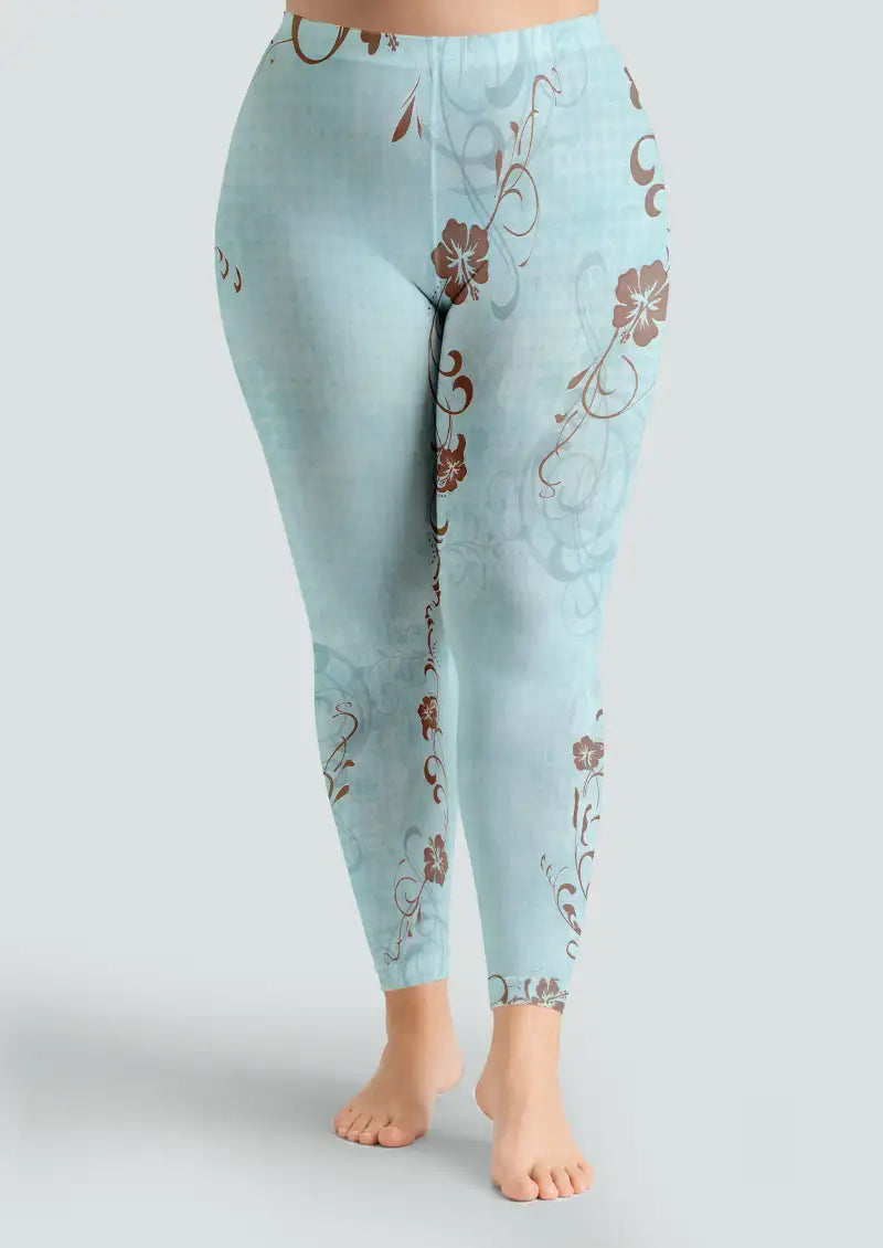 Aqua Floral Vine Pattern Footless Tights Hosiery Leggings