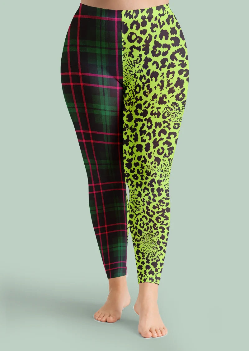 Green Plaid Leopard Footless Tights