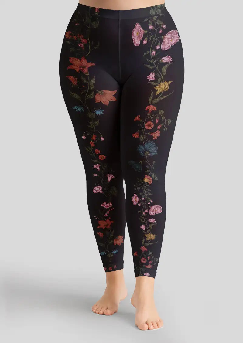 Dark Floral Vine Footless Tights Hosiery Leggings