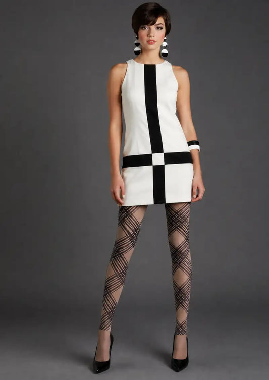 Black Plaid Line Footless Tights Hosiery Leggings