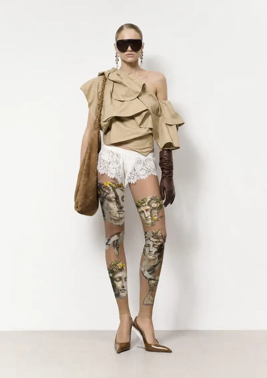 Vintage Floral Statue Collage Footless Tights Hosiery Leggings