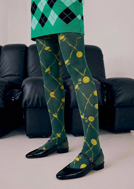 Green Yellow Floral Grid Tights Hosiery Pantyhose