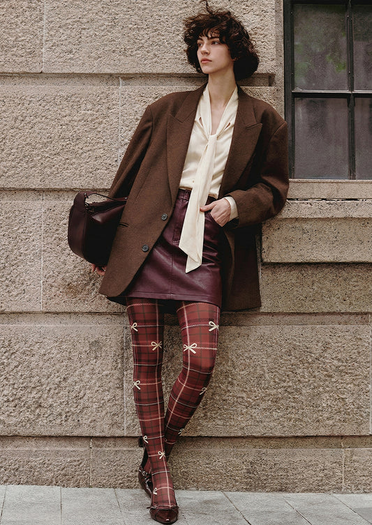 Red Plaid Bow Tights Hosiery Pantyhose