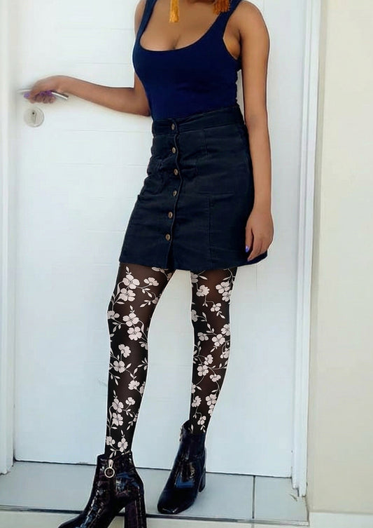 Black White Floral Printed Tights Hosiery Pantyhose