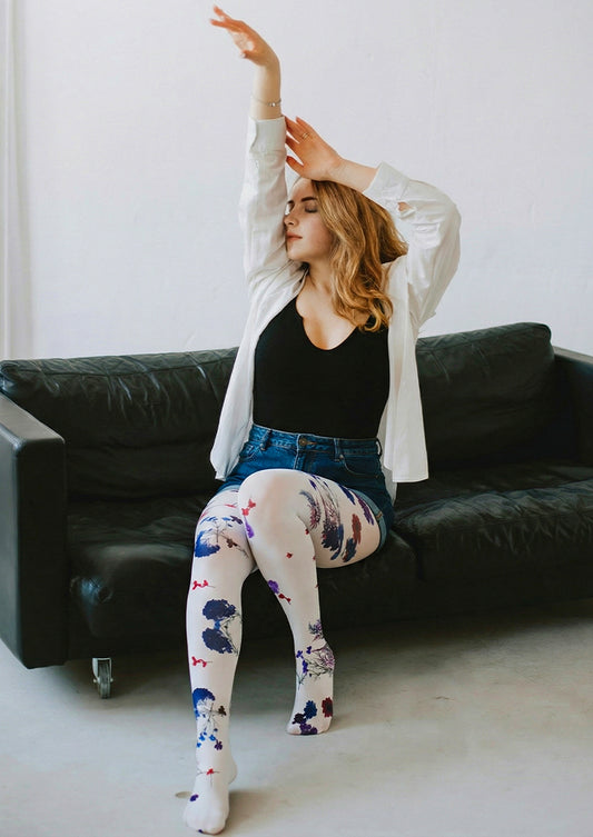 Pressed Blue Red Floral Tights Hosiery Pantyhose