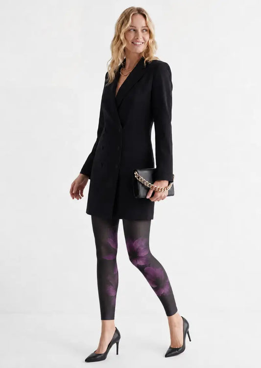 Purple Floral Glow Pattern Footless Tights Hosiery Leggings