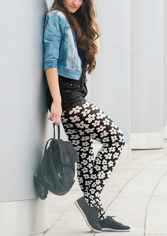 Black White Daisy Tights Hosiery Pantyhose