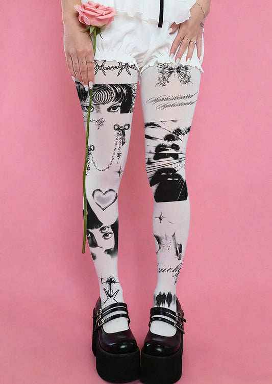 White Signal Girl Y2K Style Tights Hosiery Pantyhose