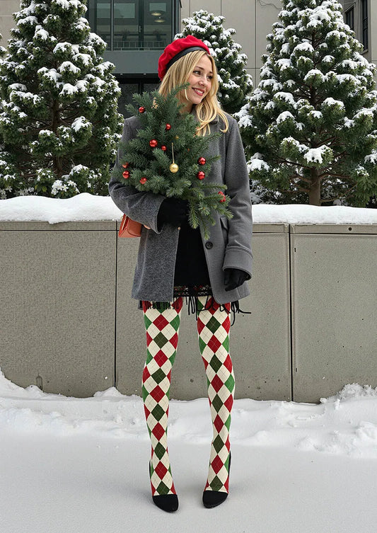 Christmas Holly Jolly Grid Patterned Tights Hosiery Pantyhose