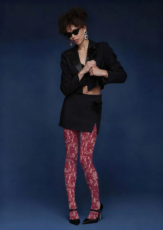 Lace Print Rose Grid Tights Hosiery Pantyhose