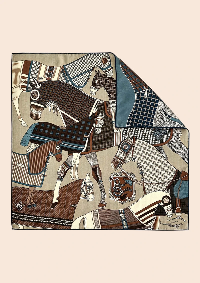 Taupe Equestrian Horse Wool & Silk Square Scarf