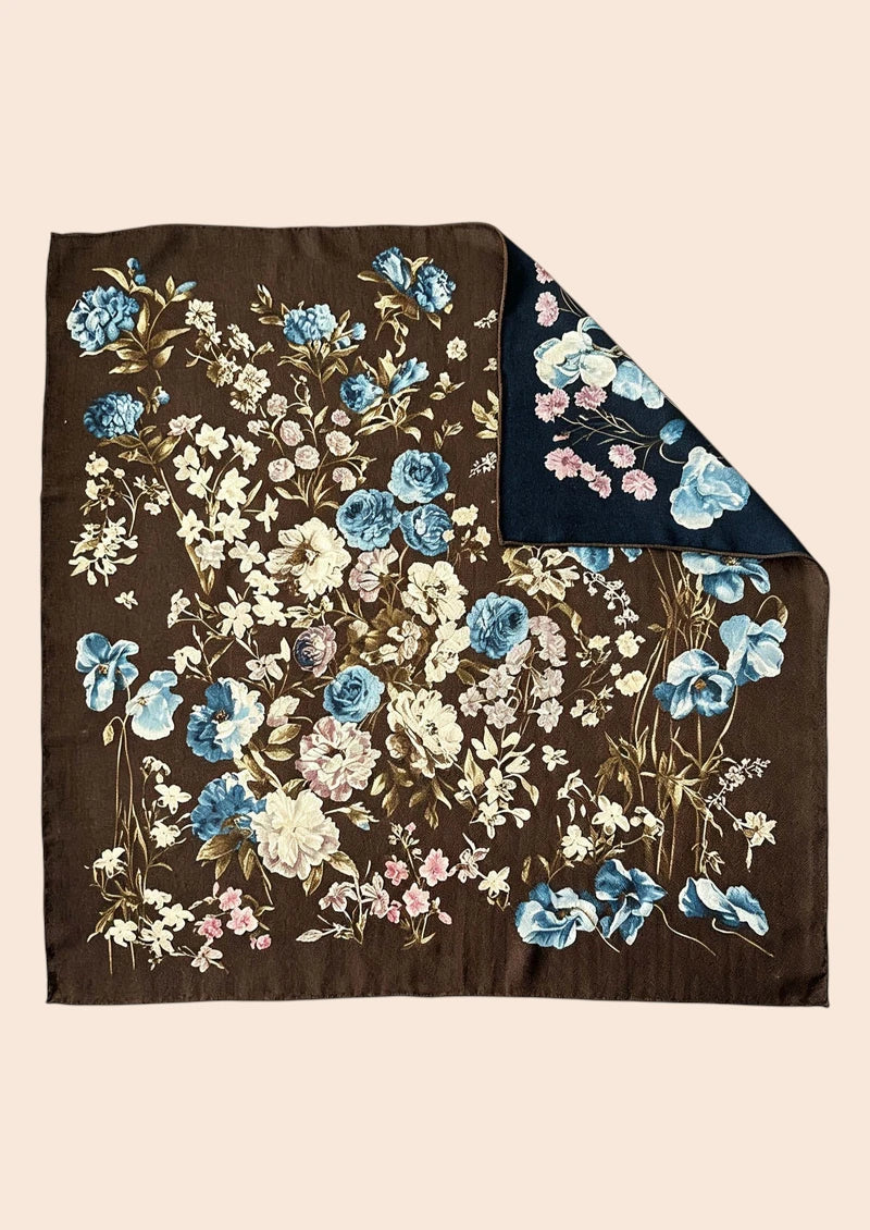 Brown & Blue Botanical Bloom Wool & Silk Square Scarf