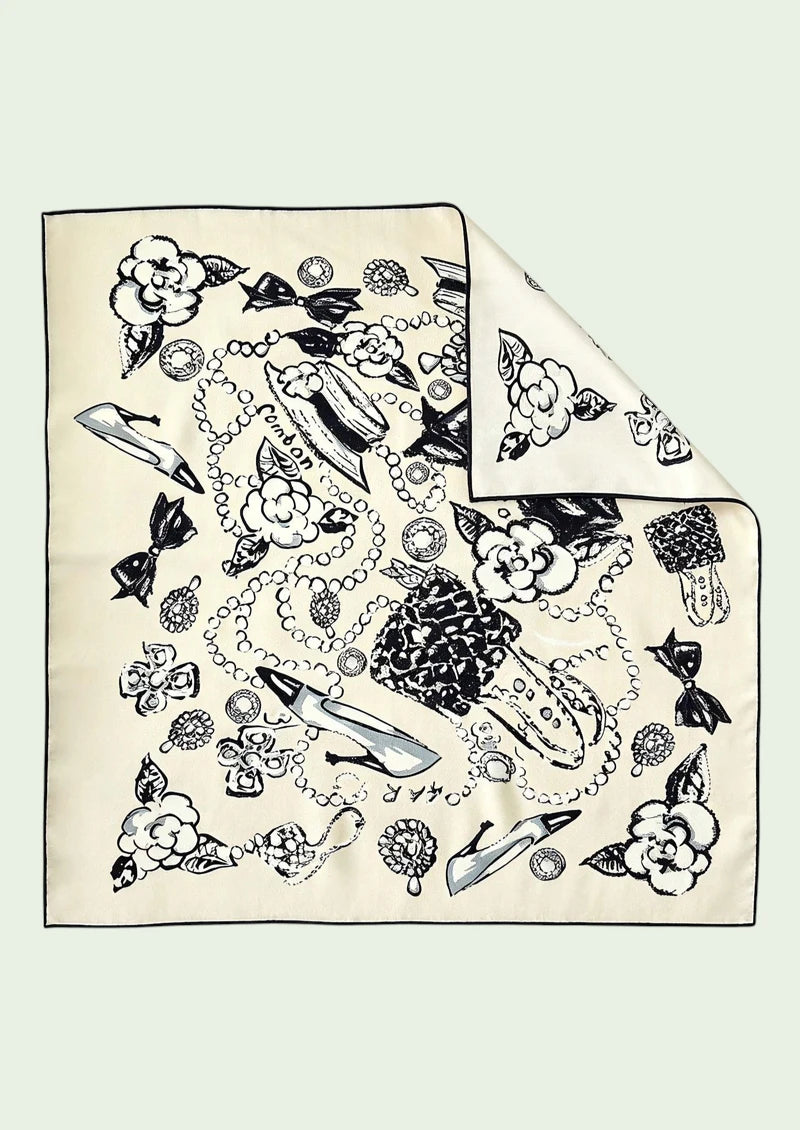 Ivory & Black Fashion Sketch Wool & Silk Square Scarf