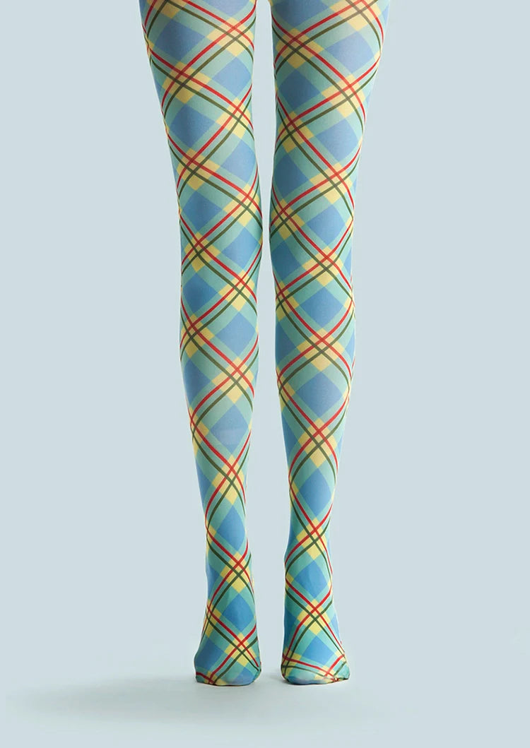 College Art Print Tights Colored stripes Pantyhose/Tights [Sky blue check]