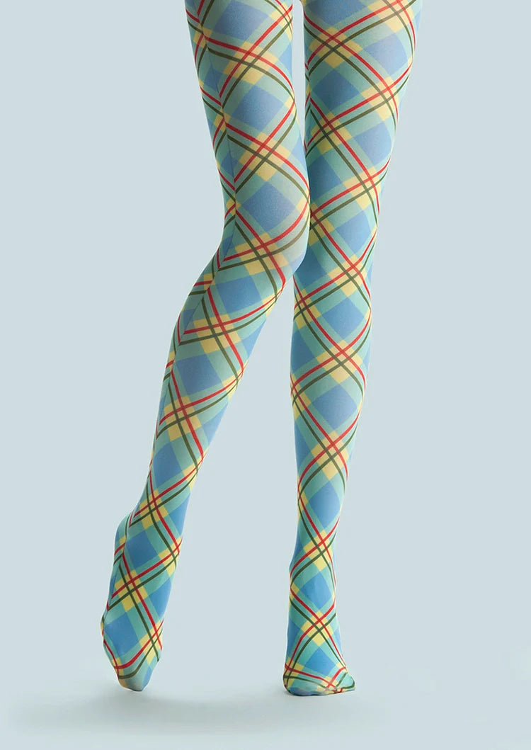 College Art Print Tights Colored stripes Pantyhose/Tights [Sky blue check]