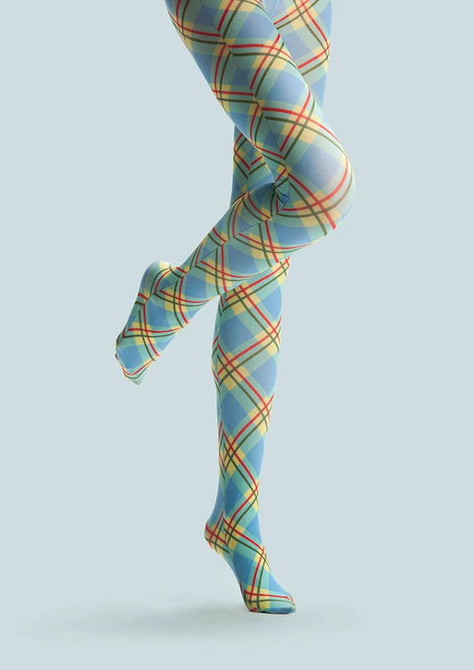 College Art Print Tights Colored stripes Pantyhose/Tights [Sky blue check]