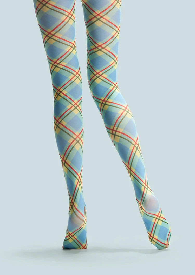 College Art Print Tights Colored stripes Pantyhose/Tights [Sky blue check]