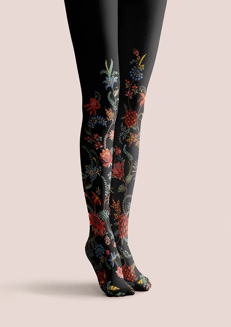 Exotic Floral Black Tights Hosiery Pantyhose