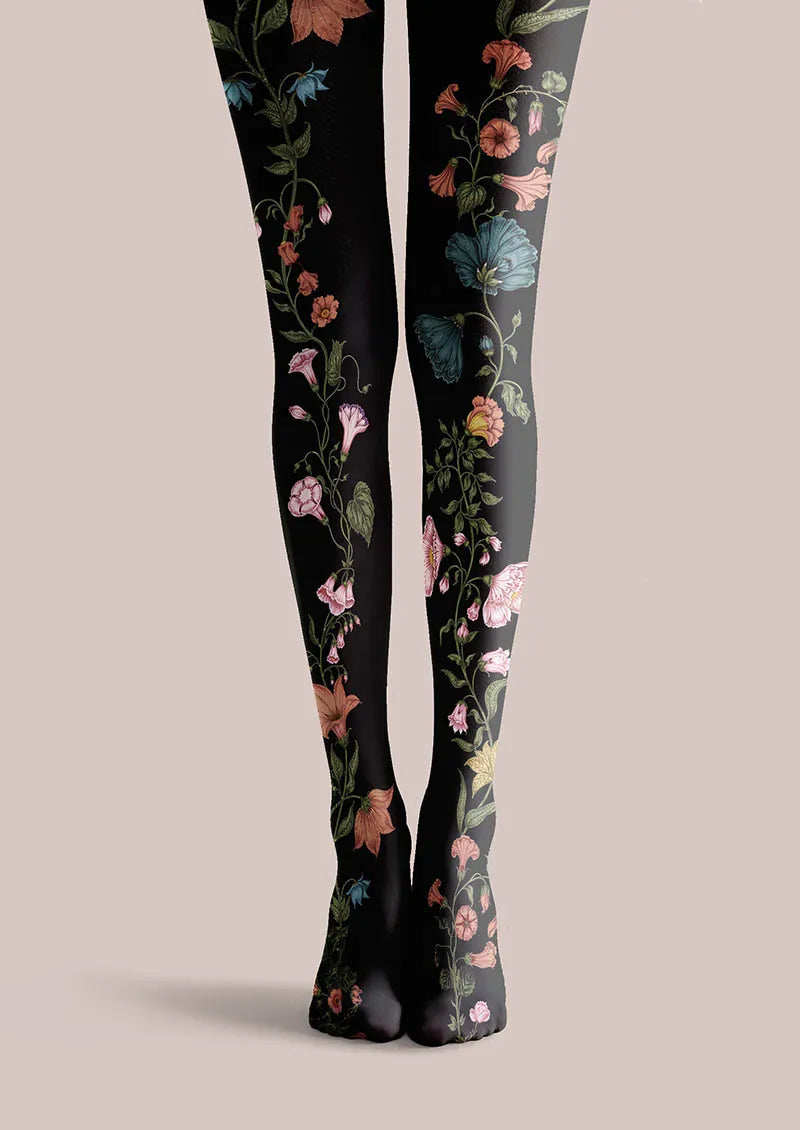 Front view of Black Midnight Garden Floral Tights
