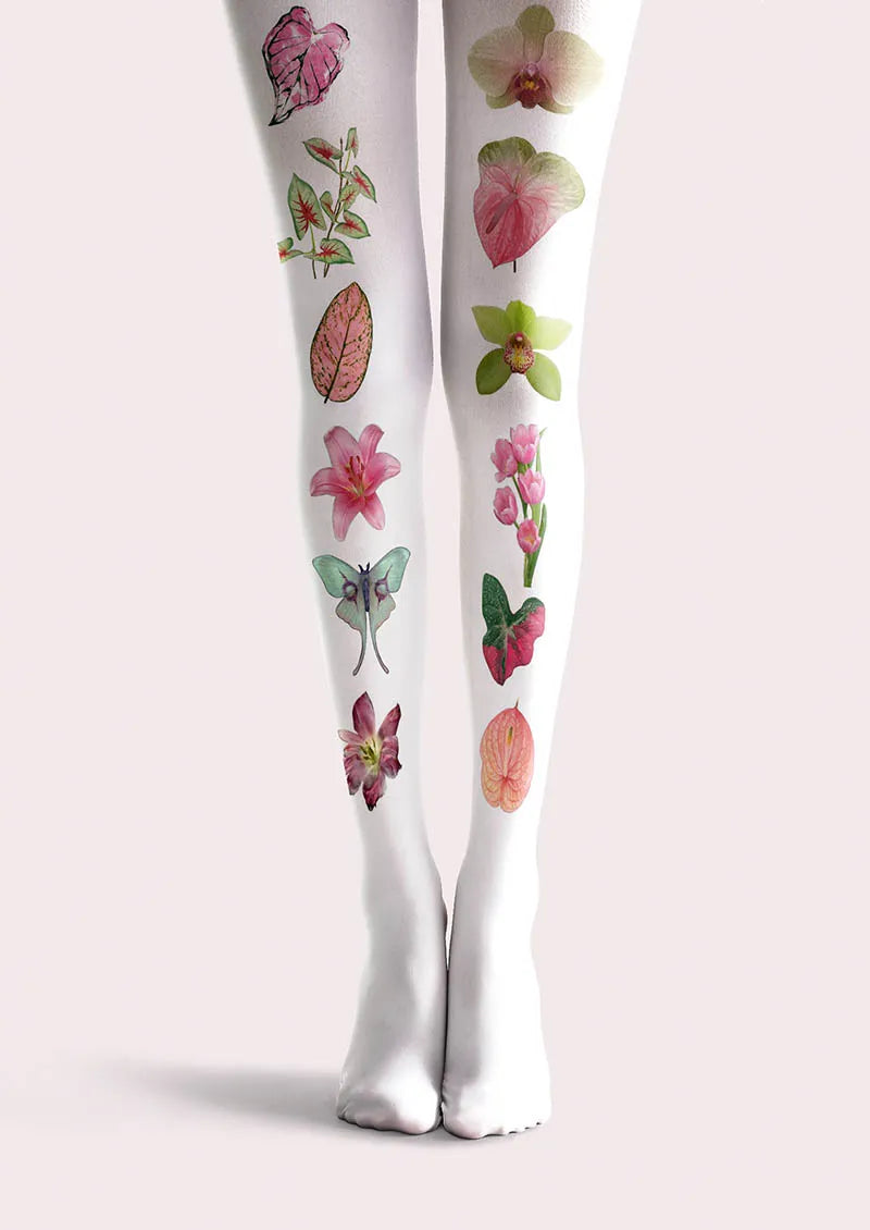 White Botanical Collage Y2K Style Tights Hosiery Pantyhose