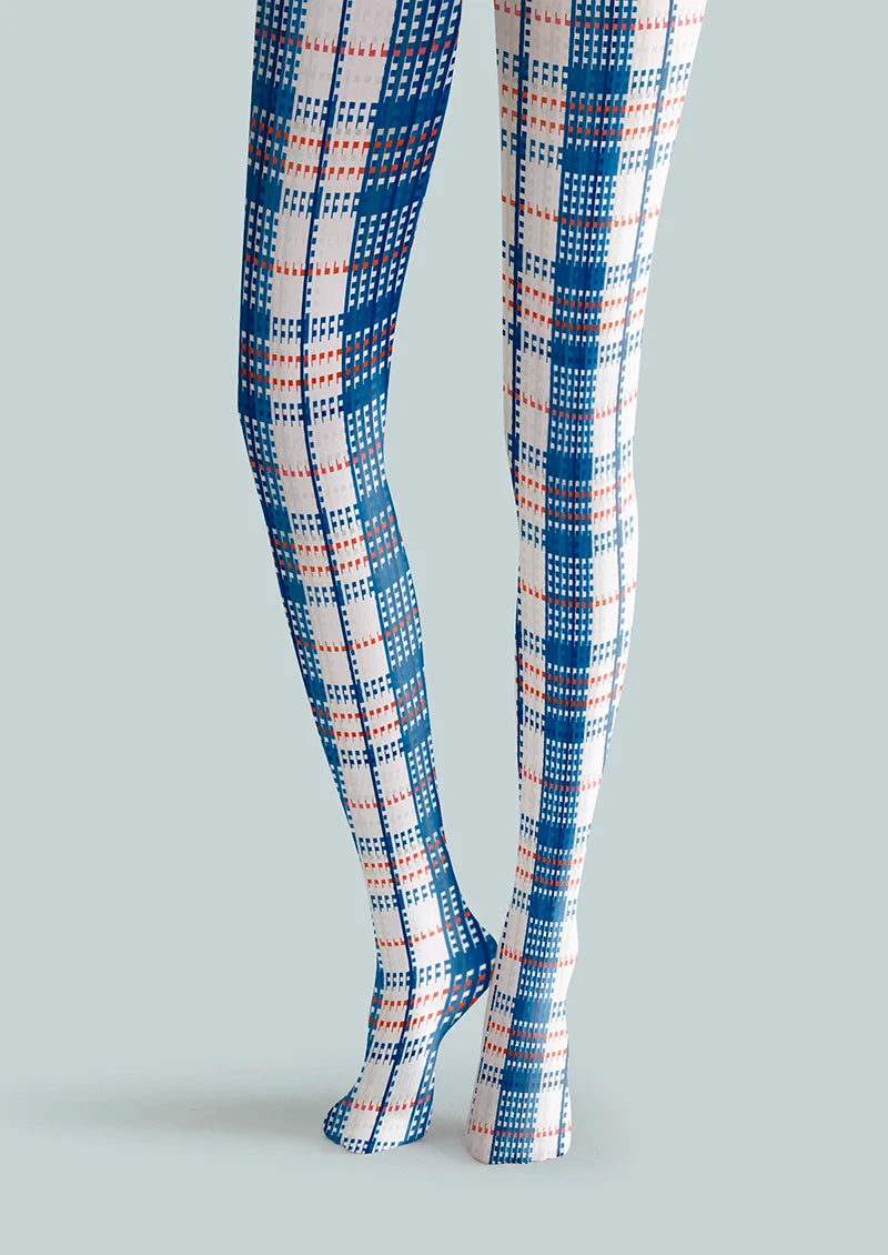 Deep Blue-White Striped Check Tights Hosiery Pantyhose