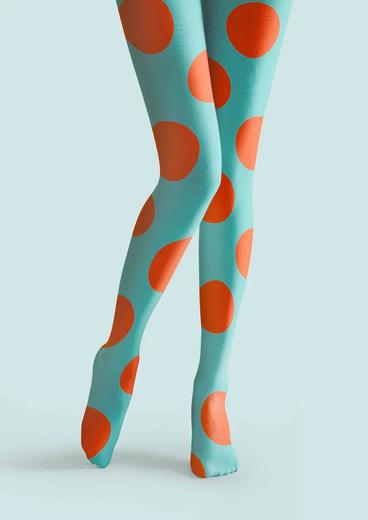 Aqua Blue & Orange Polka Dots Tights Hosiery Pantyhose