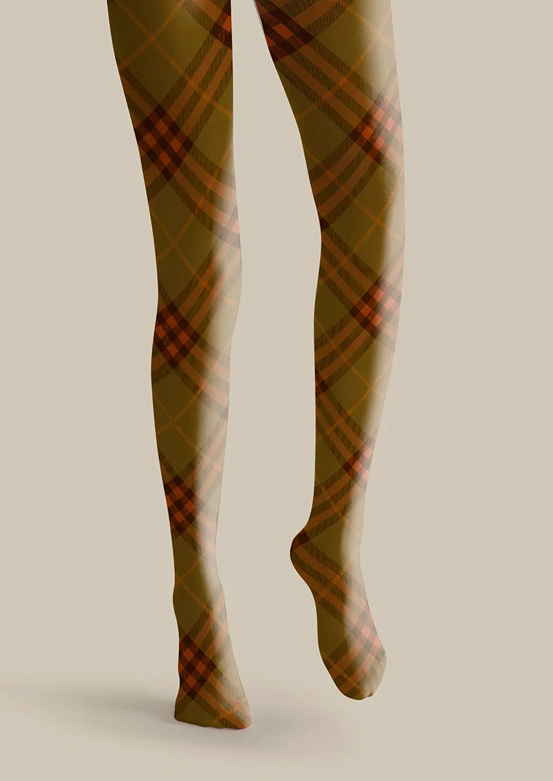 Olive green-Orange Maillard  Check Tights Hosiery Pantyhose