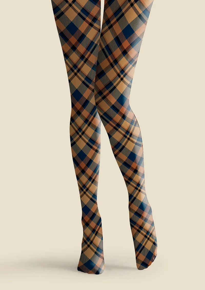 Brown- blue  stripes Checked Tights Hosiery Pantyhose