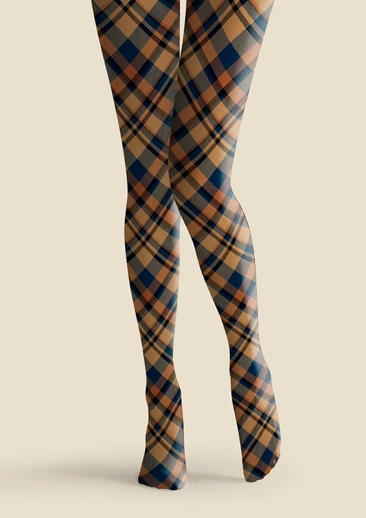 Brown- blue  stripes Checked Tights Hosiery Pantyhose