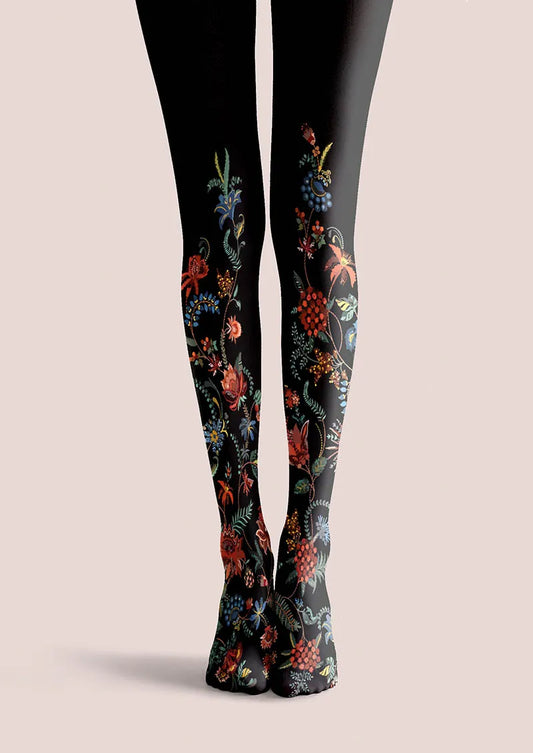 Exotic Floral Black Tights Hosiery Pantyhose