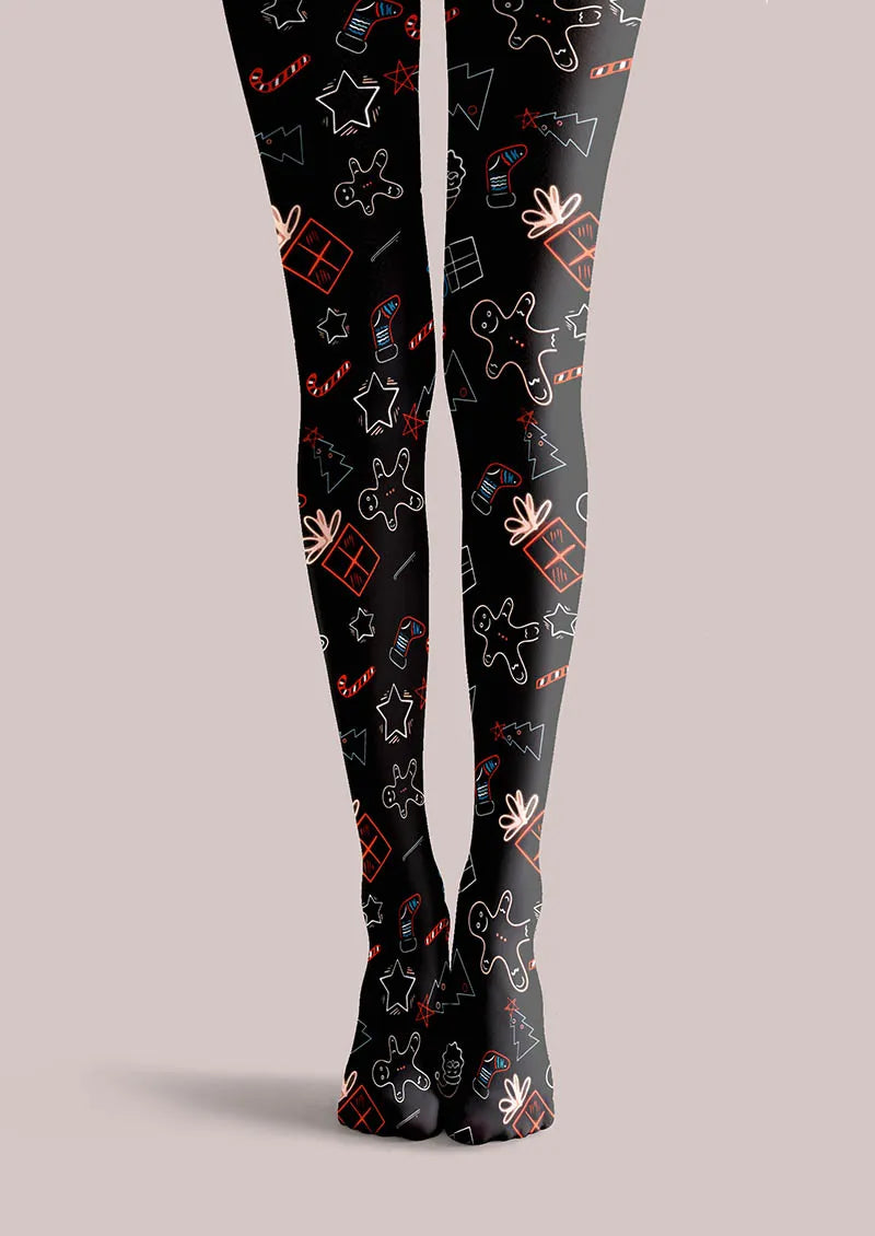 Christmas Fun Art Gingerbread Night Tights Hosiery Pantyhose