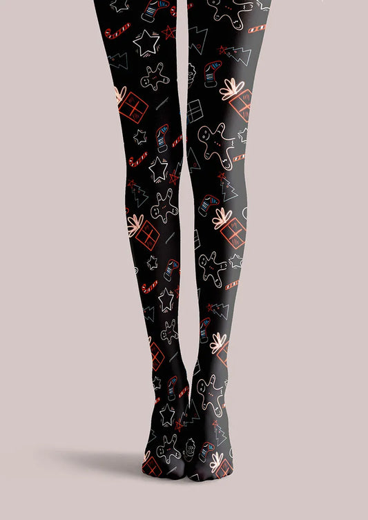 Christmas Fun Art Gingerbread Night Tights Hosiery Pantyhose
