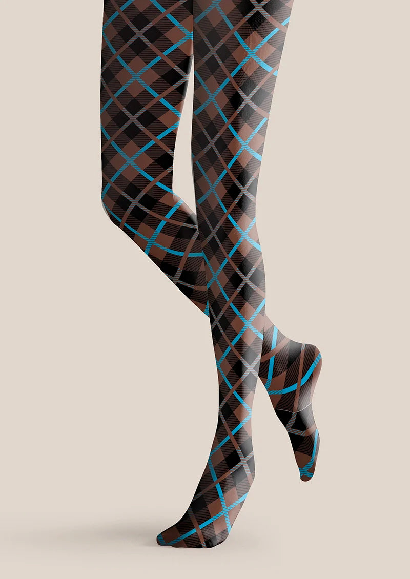 Brown Blue Check College Tights Hosiery Pantyhose