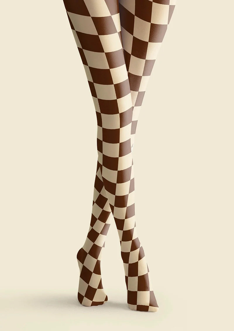 Brown-pale Yellow Checkered Tights Hosiery Pantyhose