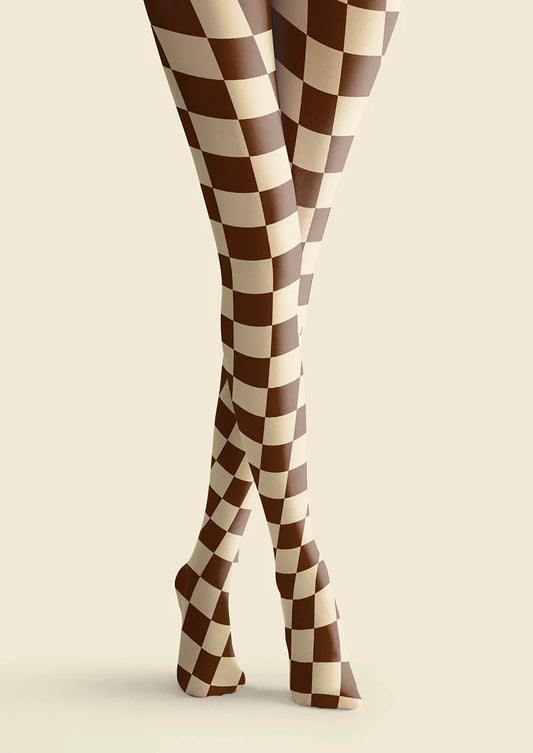Brown-pale Yellow Checkered Tights Hosiery Pantyhose