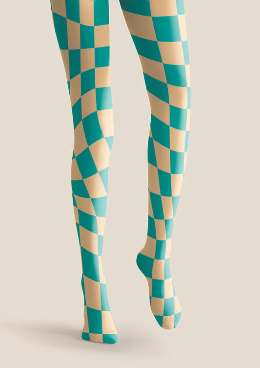 Aqua Green Checked Tights Hosiery Pantyhose